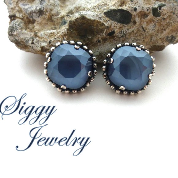 Cushion Cut Crystal Dark Gray Solitaire Stud Earrings, 12mm Assorted Finishes - Picture 5 of 9